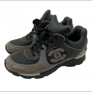 Chanel Sneakers Black Gray Dark Green Leather Suede Size 36